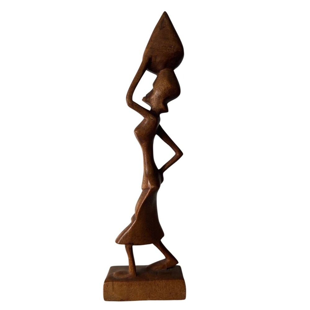 Vtg 11" Carved Wood Statue African Woman with Jug on Head Abstract Art Figurine